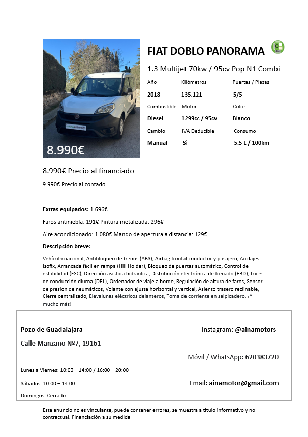 Fiat Doblo Panorama Pop N1 1.3Multijet 95Cv - Imagen 19
