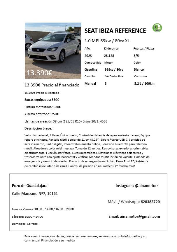 SEAT Ibiza Reference XL 1.0MPi 80Cv - Imagen 28